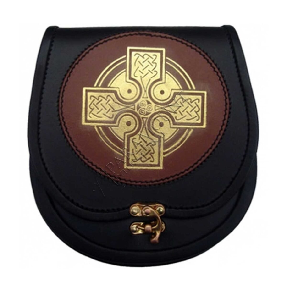 Leather Sporran Gold Cross Black/Brown