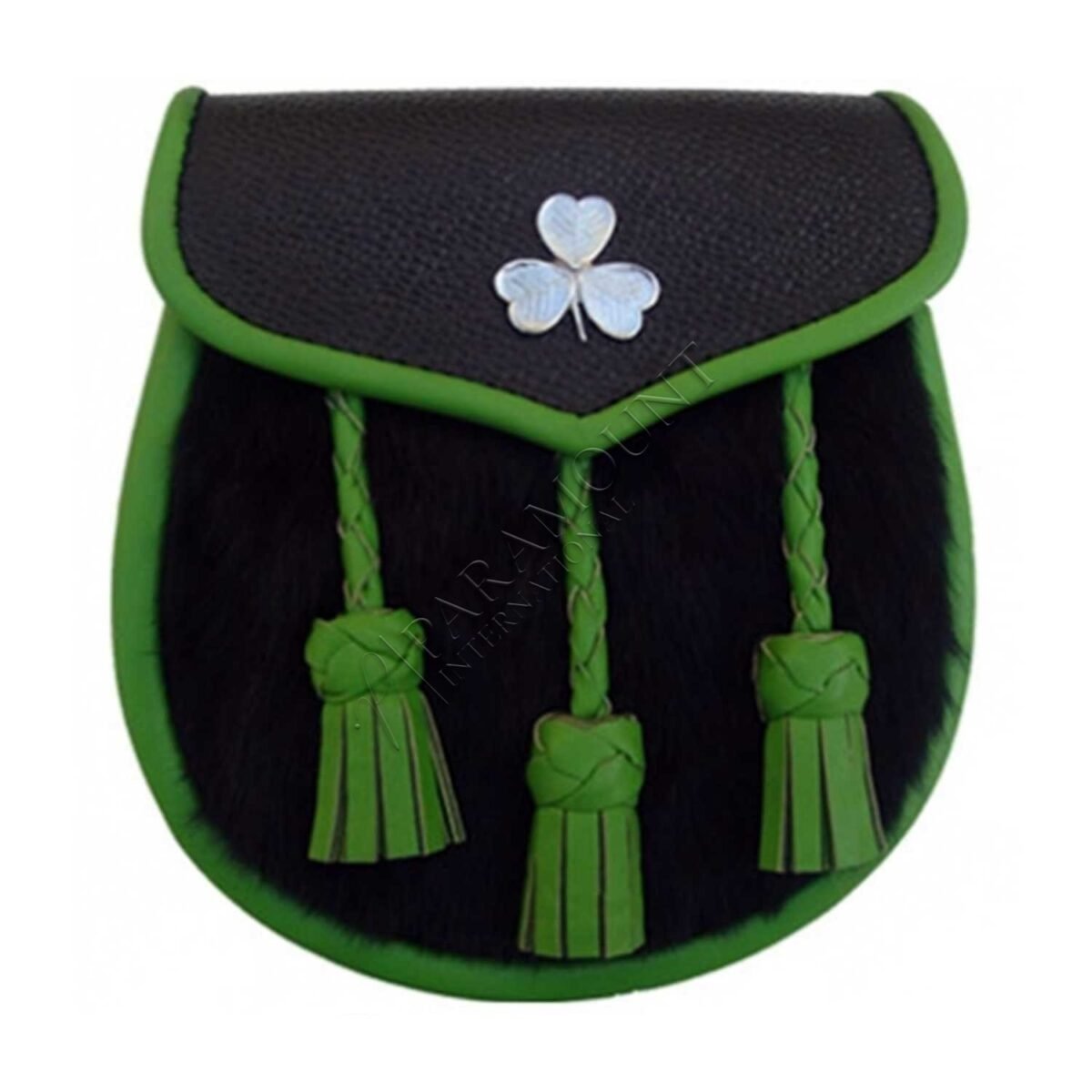 Black Leather Sporran with Green Leather Tassels