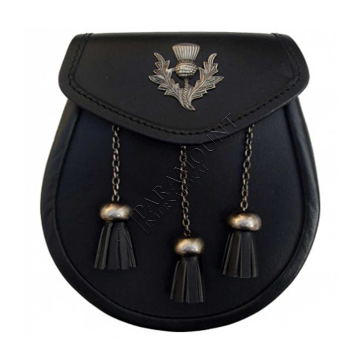 Black Leather Sporran with 3 Chain Tassels