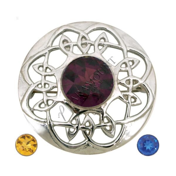 Modern M Chrome Brooch with Purple, Blue, and Yellow Stones