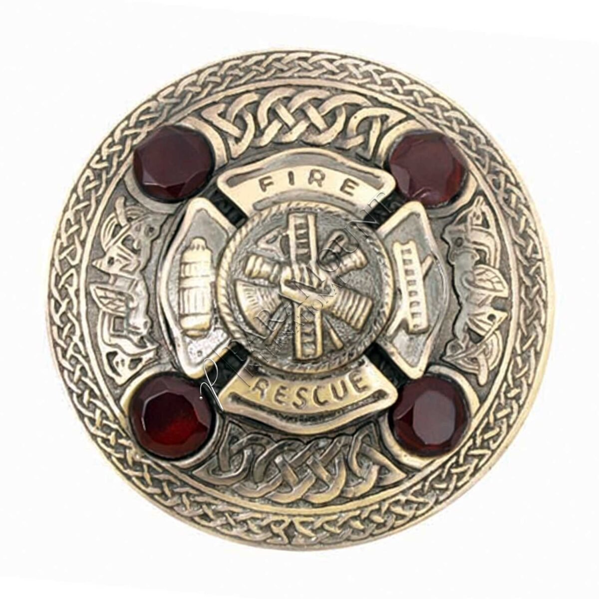 Brass Antique Brooch with Red Stone