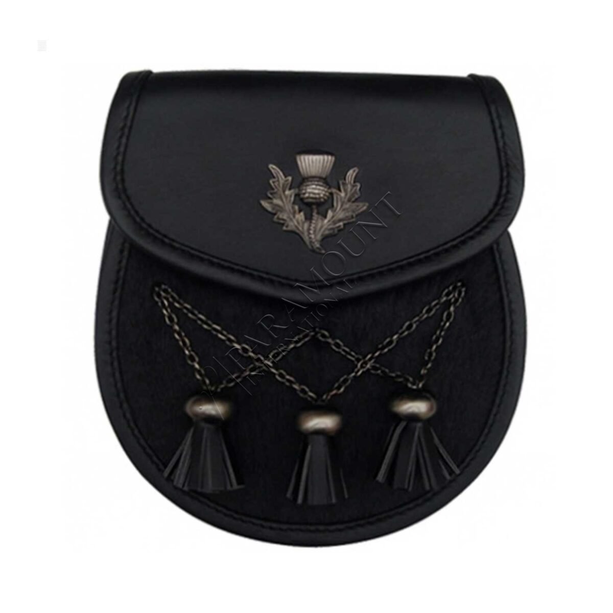 Deluxe Black Leather Sporran with Cross Chain Tassels & Thistle Emblem