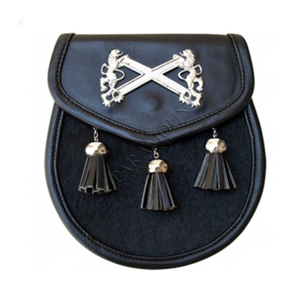 Deluxe Black Leather Sporran with Three Chain Tassels & Lion Rampant Badge