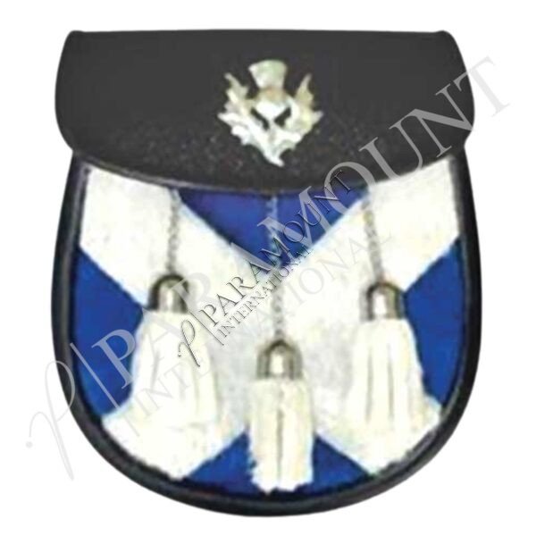 Blue & White Assorted Sporran with Thistle Badge Cantle and Three Tassels - 1214