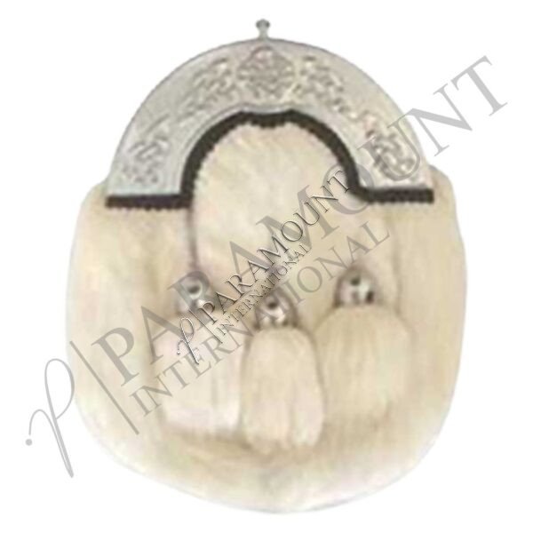 White Full Dress Sporran with Celtic Scroll Cantle and Three Tassels - 1215