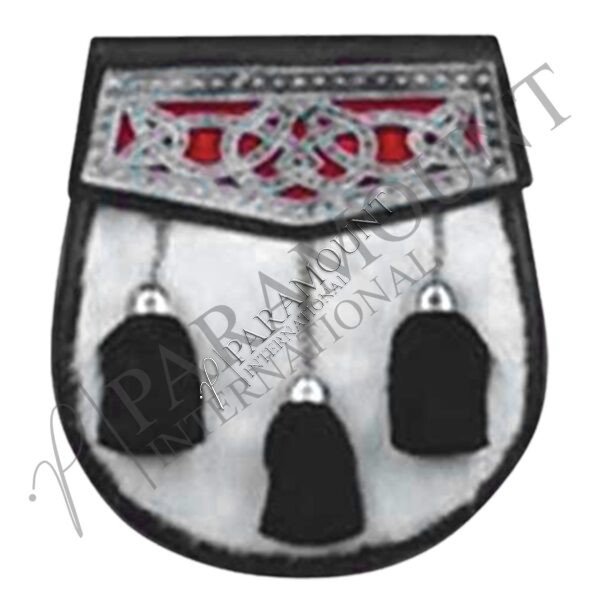 Black & White Assorted Sporran with Red Celtic Knot Cantle and Three Tassels - 1219