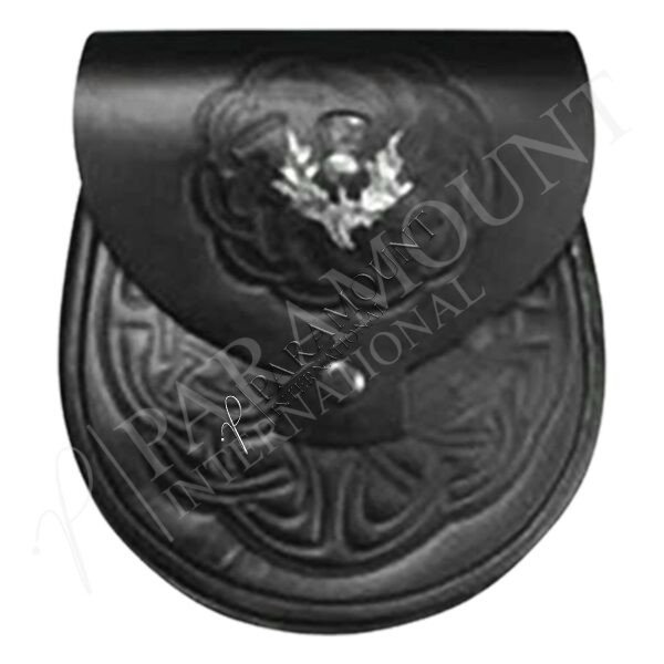 Black Embossed Celtic Sporran with Thistle Badge - 1221