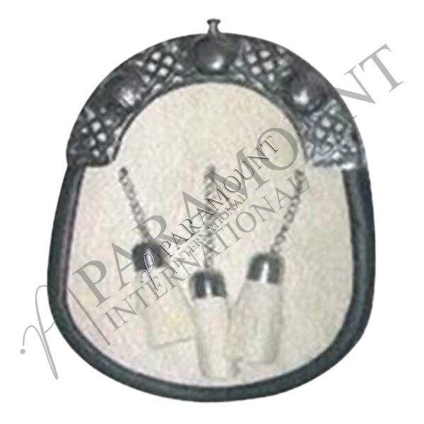 White Assorted Sporran with Celtic Weave Cantle and Three Tassels - 1223