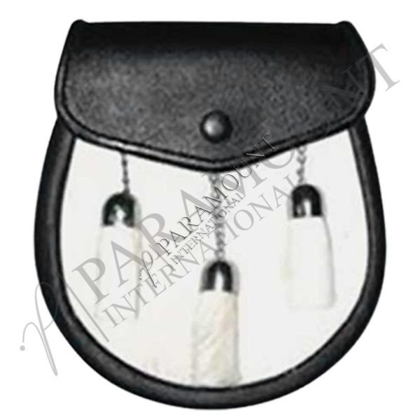 Black & White Assorted Leather Sporran With Plain Flap & Three Tassels - 1225
