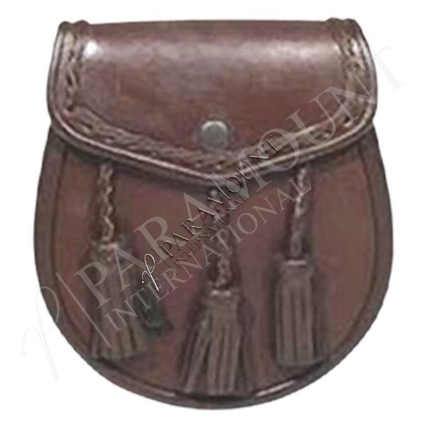 Brown Assorted Leather Sporran with Plain Flap and Three Tassels - 1226