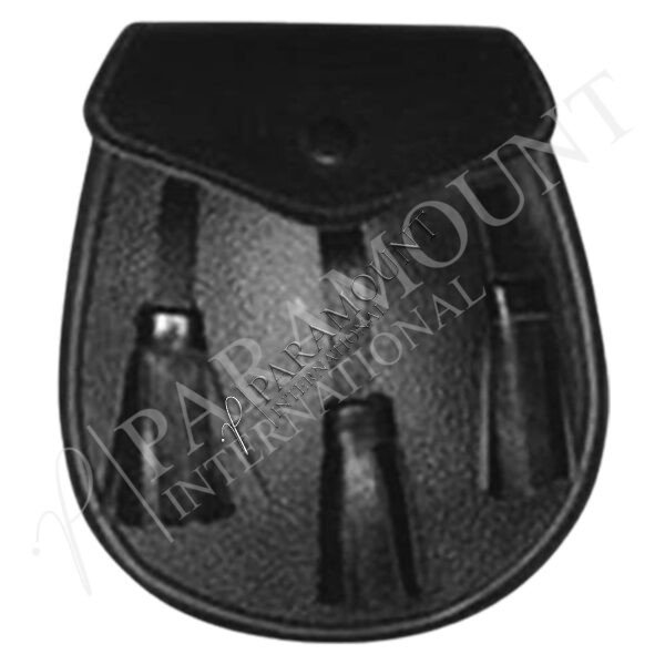 Black Assorted Leather Sporran with Plain Flap and Three Tassels - 1229