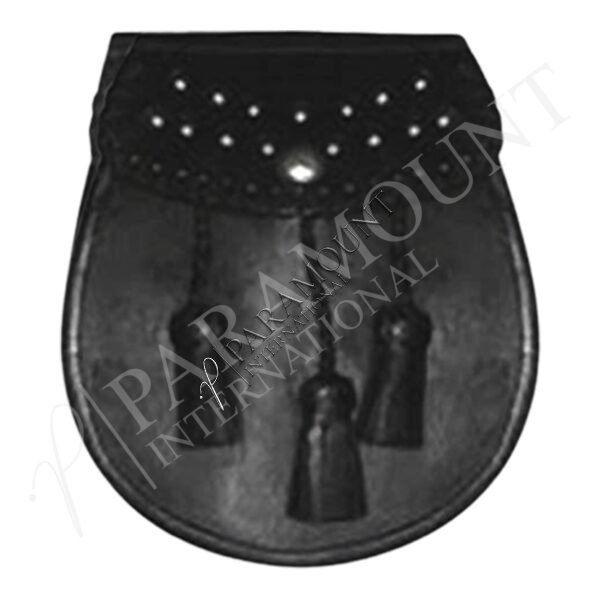 Black Assorted Leather Sporran with Studded Flap and Three Tassels - 1232