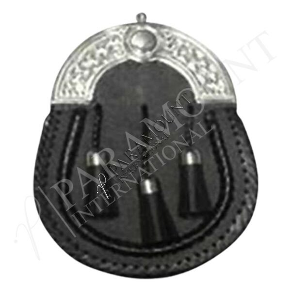 Black Assorted Leather Sporran with Celtic Knotwork Cantle and Three Tassels - 1233