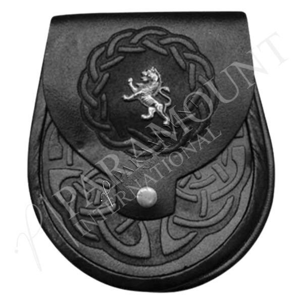 Black Assorted Leather Sporran with Welsh Dragon badge & Embossed Celtic Design - 1239