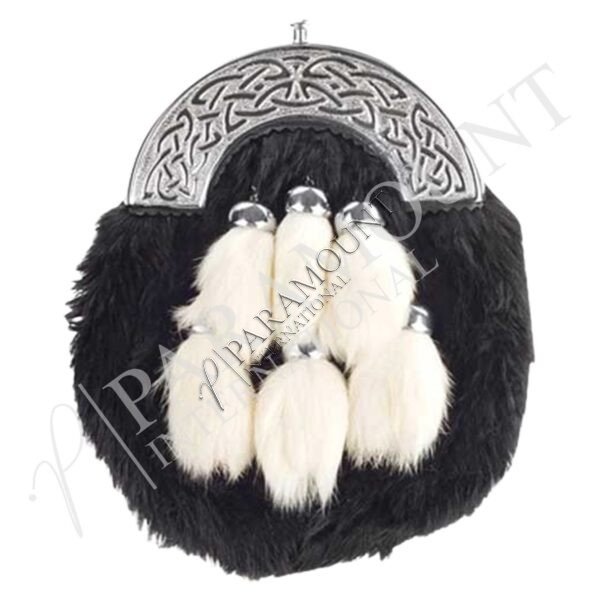 Black Assorted Sporran with Celtic Cantle and Six White Fur Tassels - 1242