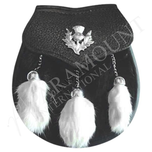 Black Leather Assorted Sporran with Thistle Badge and Three White Fur Tassels - 1243
