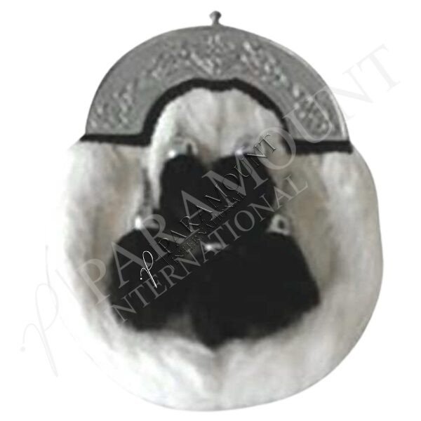 White Assorted Sporran with Celtic Engraved Cantle and Five Black Fur Tassels - 1245