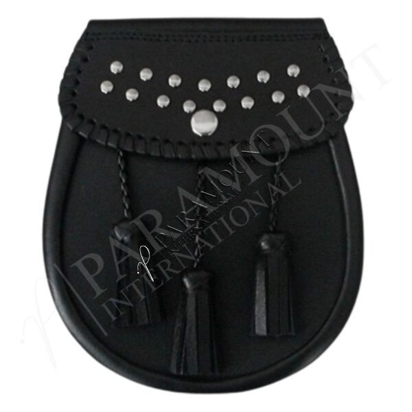 Black Assorted Leather Sporran with Studded Flap and Three Tassels - 1246