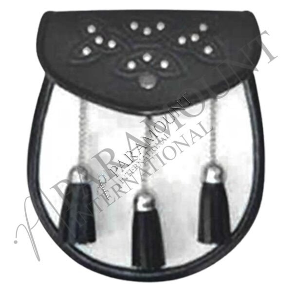 Black & White Assorted Leather Sporran with Studded Flap and Three Tassels - 1247