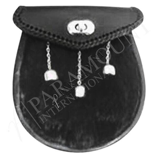 Black Fur Assorted Sporran with Braided Flap and Three Fur Tassels - 1257