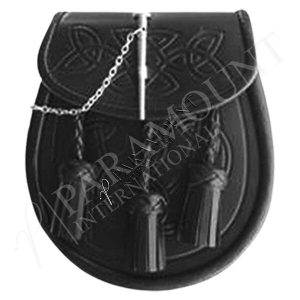 Black Leather Assorted Sporran with Celtic Embossed Design and Three Tassels - 1258