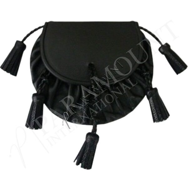 Black Leather Assorted Sporran with Plain Flap and Five Tassels - 1263