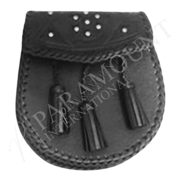 Black Leather Assorted Sporran with Studded Braided Flap and Three Tassels - 1264