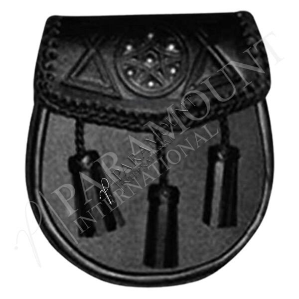 Black Leather Assorted Sporran with Celtic Studded Flap and Three Tassels - 1265