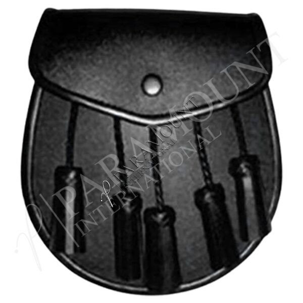 Black Leather Assorted Sporran with Plain Flap and Five Tassels - 1266