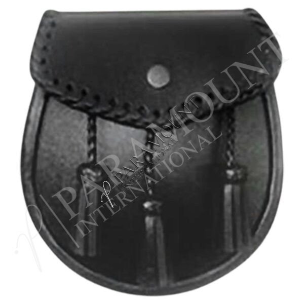 Black Leather Assorted Sporran with Braided Flap and Three Tassels - 1267
