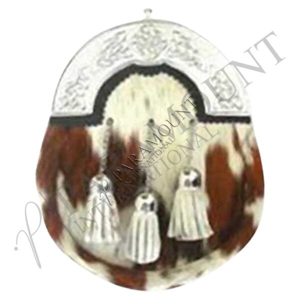 Brown & White Fur Assorted Sporran with Celtic Engraved Cantle and Three Tassels - 1268
