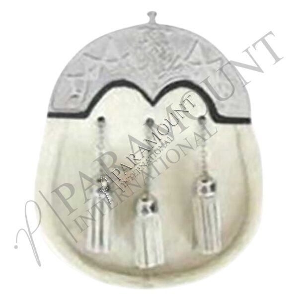 White Fur Assorted Sporran with Thistle Cantle and Three Tassels - 1269