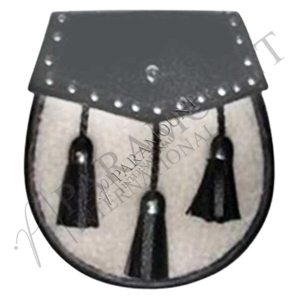 Black & White Assorted Leather Sporran with Studded Flap and Three Tassels - 1271