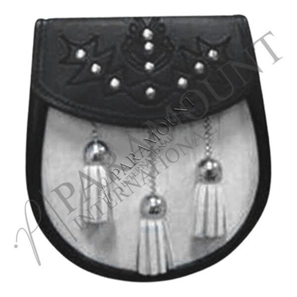 Black & White Assorted Leather Sporran with Studded Flap and Three White Tassels - 1272