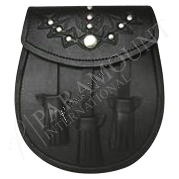 Black Assorted Leather Sporran with Studded Thistle Flap and Three Tassels - 1273