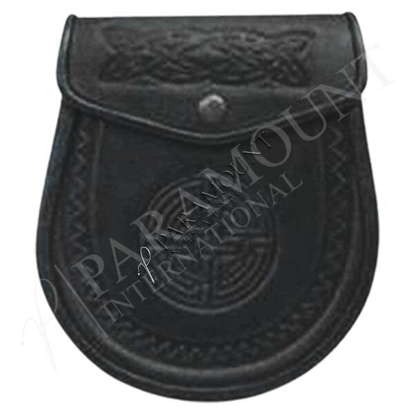 Black Assorted Leather Sporran with Embossed Celtic Knot Flap and Celtic Shield Design - 1274