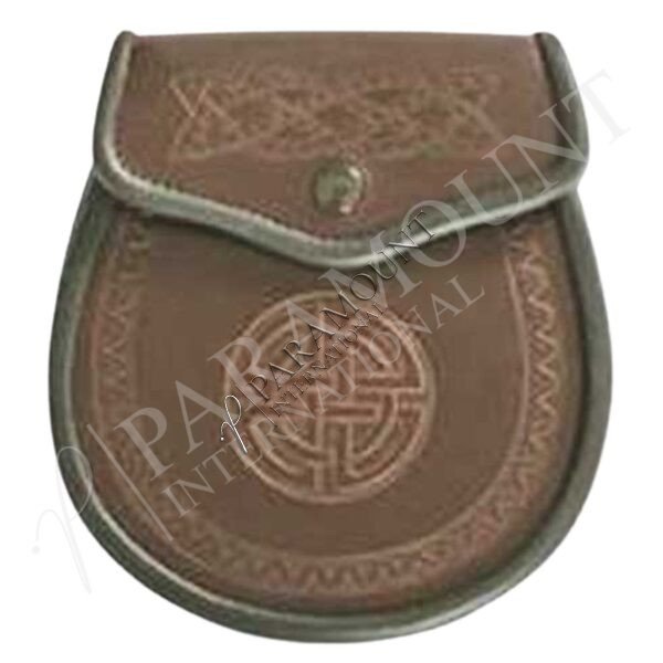 Brown Assorted Leather Sporran with Embossed Celtic Knot Flap and Celtic Shield Design - 1275
