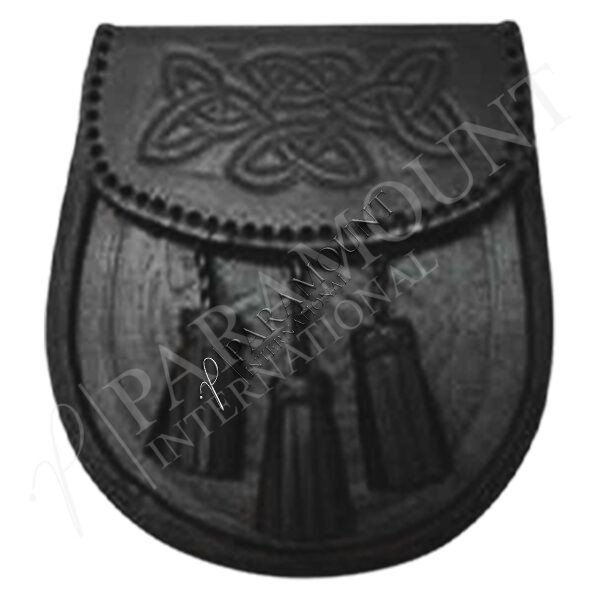Black Assorted Leather Sporran with Celtic Knot Flap and Three Tassels - 1276