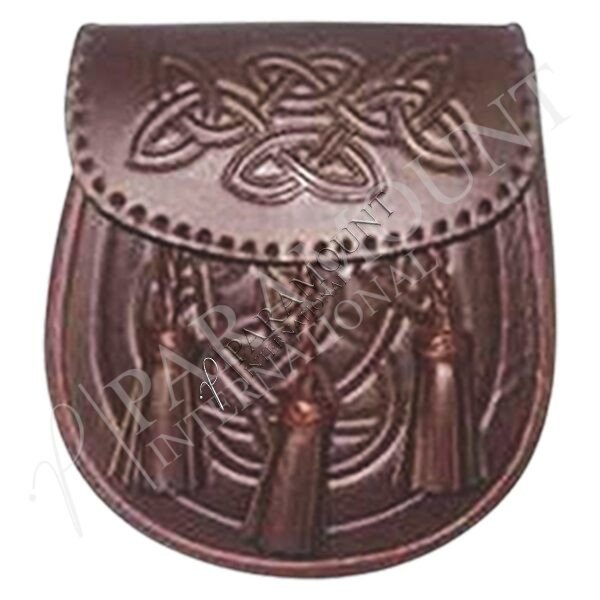 Brown Assorted Leather Sporran with Celtic Knot Flap and Three Tassels - 1277