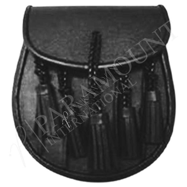 Black Assorted Leather Sporran with Plain Flap and Five Tassels - 1278
