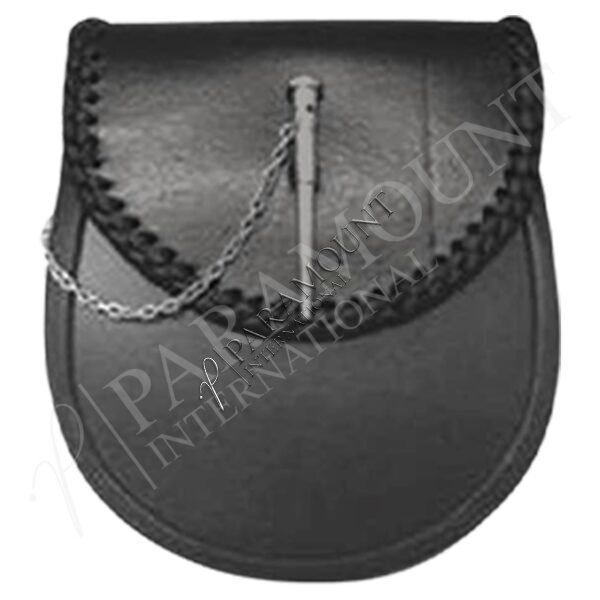 Black Assorted Leather Sporran with Plain Flap and Chain Detail - 1279