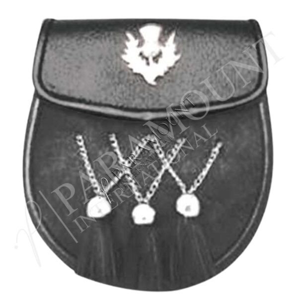 Black Assorted Leather Sporran with Thistle Badge and Three Tassels - 1282