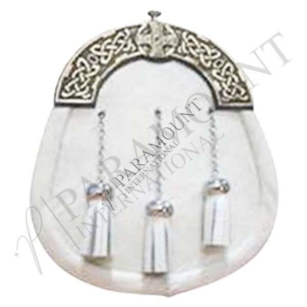 White Assorted Sporran with Celtic Weave Cantle and Three Tassels - 1290
