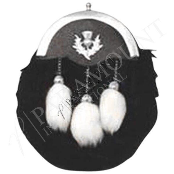Black Assorted Sporran with Thistle Badge and Three White Fur Tassels - 1293