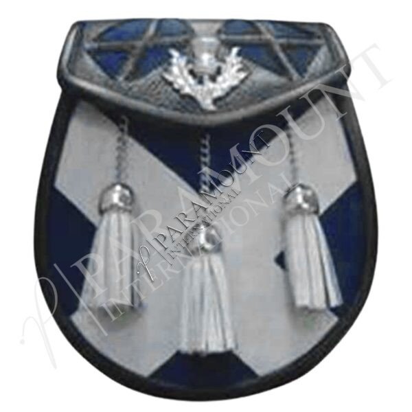 Blue & White Assorted Sporran with Thistle Badge and Three White Tassels - 1295