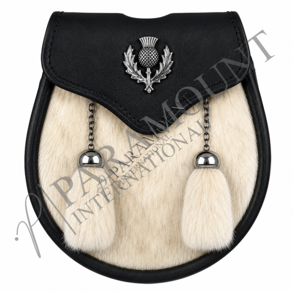 White & Black Rabbit Fur Boy Sporran with Chrome Thistle Badge - 01