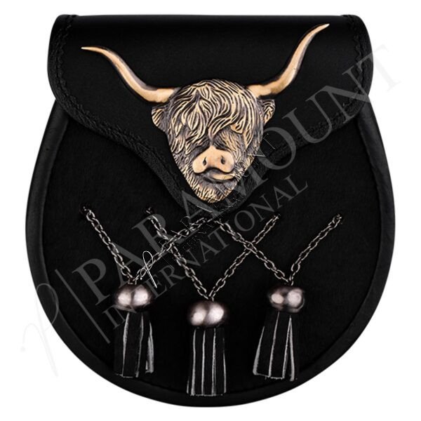 Formal Black Antique Bovine Sporran with Highland Cow Badge