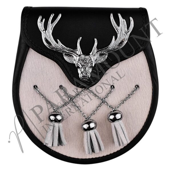 Formal Black & White Chrome Bovine Sporran with Irish Elk Head Badge
