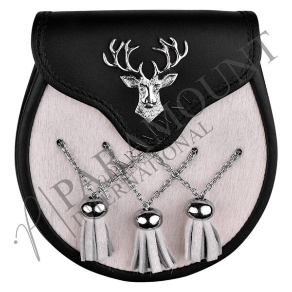 Formal Black & White Bovine Sporran with Stag Head Badge