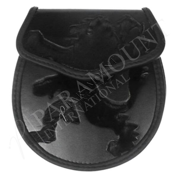 Black Deluxe Leather Sporran with Lion Rampant Design - 02